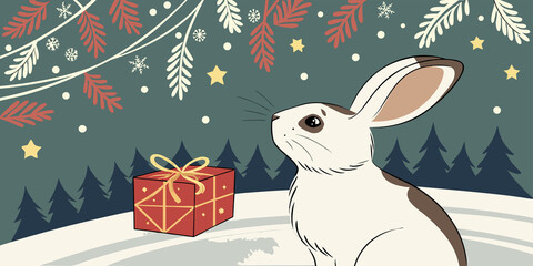 Christmas Rabbit beside Gift Box