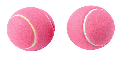 Pink tennis balls on white background for sports and fitness equipment marketing and advertising