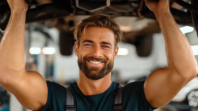 Young mechanic in work uniform, smiling, standing under a lifted car. Atmosphere of trust, professionalism and quality. Close-up of smiling mechanic working under a car.