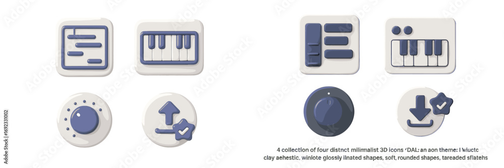 Poster 3d music production and user interface icon set with piano keyboard, playlist, mixer, download, and 