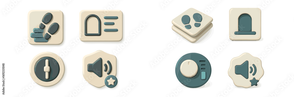 Poster set of 3d user interface icons for web and mobile applications featuring sound control, security shi