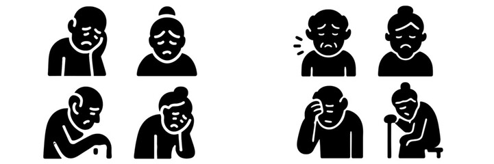 Set of black glyph icons showing elderly people with health problems like headaches, sadness, and depression