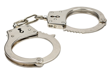 High-quality shiny metal handcuffs close-up isolated on dark background for law enforcement use