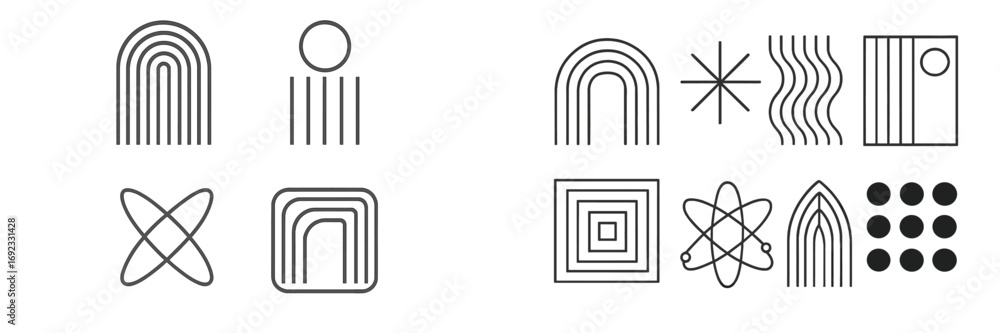 Poster set of minimalist geometric shapes and abstract line icons for modern design projects including arch