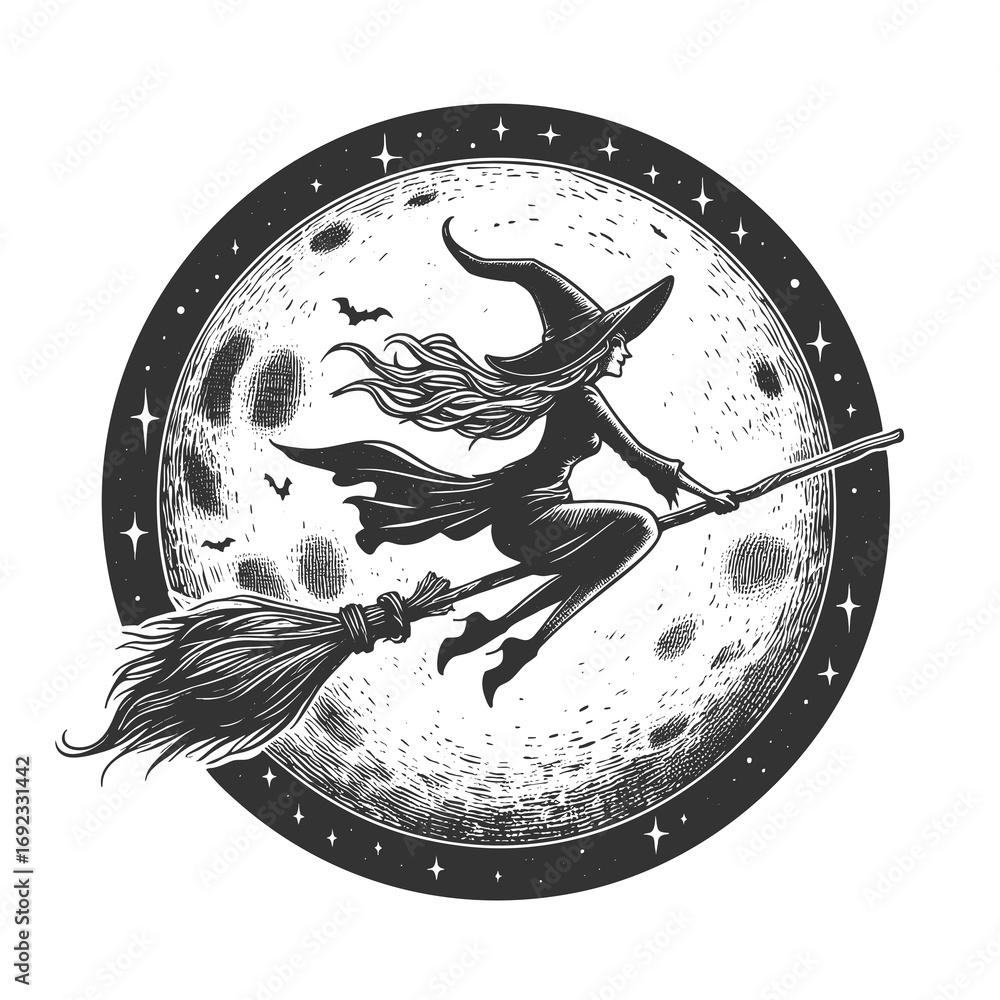 Poster witch in a hat and cape riding a broomstick with the full moon behind her sketch engraving generativ