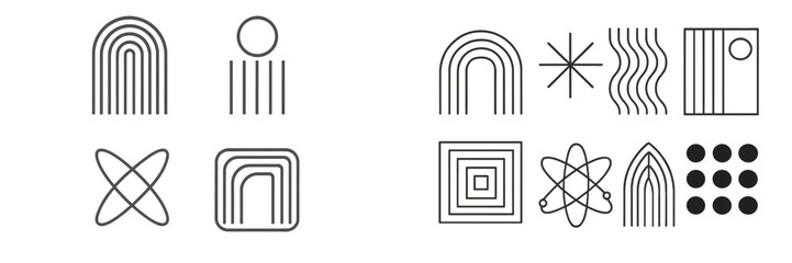 Set of minimalist geometric shapes and abstract line icons for modern design projects including arches, rainbows, squares, and atomic symbols