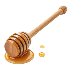 Wooden honey dipper with golden honey dripping and small droplets isolated on transparent background