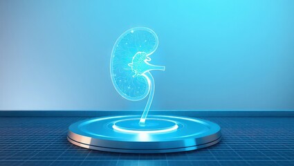 A translucent kidney hologram on a circular platform against a blue gradient background scene