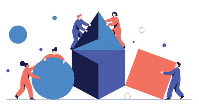 Abstract illustration of five people interacting with geometric shapes—sphere, cube, square, prism—symbolizing teamwork and spatial reasoning