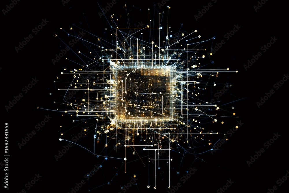 Poster electronic connections spreading from a microchip, symbolizing data transmission and processing in c