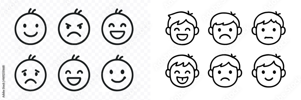 Poster simple line art emotion icons showing different facial expressions like happy, sad, angry, and laugh