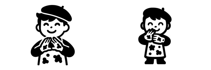 Simple black and white icon set of a cute child artist character wearing a beret and smock showing hands covered in paint and giggling
