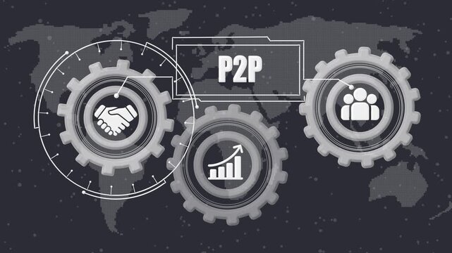 P2 P business network gears handshake growth people icons on world map digital abstract