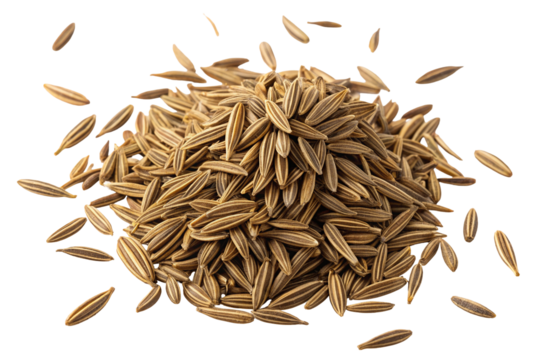Close-up view of aromatic whole cumin seeds scattered against white background for culinary use