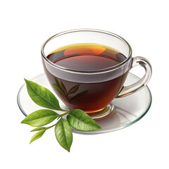 A clear glass cup filled with hot dark tea and fresh green tea leaves on a saucer isolated on transparent background