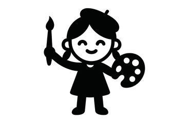 Cute cartoon girl artist wearing a beret holding a paintbrush and palette ready to paint a masterpiece