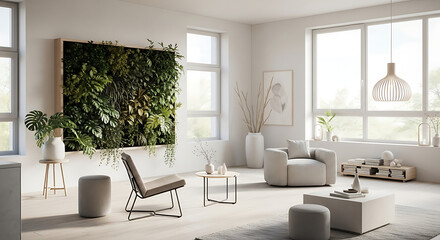 Fototapeta premium Bright living room with vertical garden wall and minimalist furniture in a modern apartment design