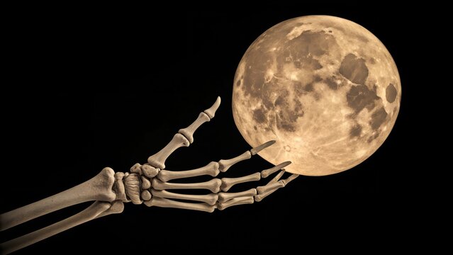 Skeletal Hand Holding a Sepia-Toned Moon Against a Black Background.