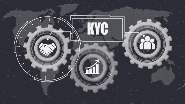 K Y C process gears handshake growth people icons on digital world map background financial