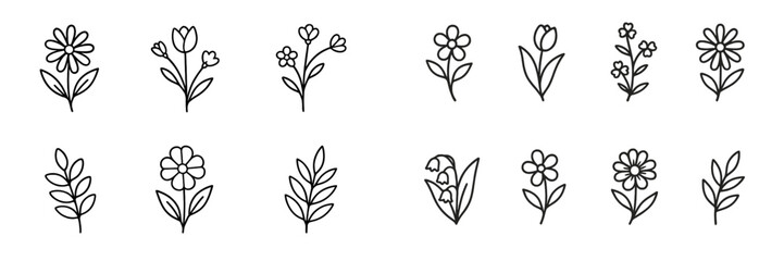 Obraz premium Set of hand drawn flower icons in a simple doodle line art style for botanical and floral design elements
