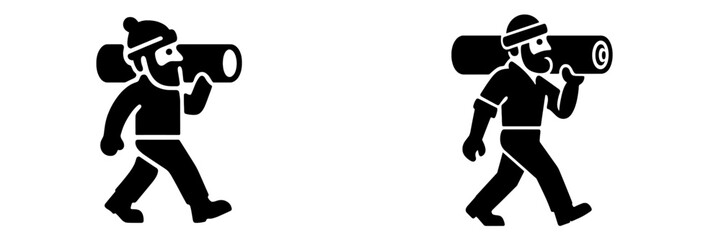 Lumberjack icon set with a bearded man carrying a heavy wooden log on his shoulder, a simple black and white silhouette for forestry and woodworking themes