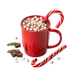 Festive red mug filled with hot chocolate topped with marshmallows and candy canes isolated on transparent background