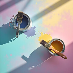 Flat lay of open paint cans with brushes on colorful background, interior design DIY photography