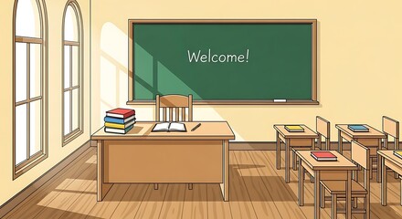 Warm classroom welcomes students with books ready and a cheerful 'Welcome!' message on the green board