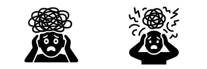 Set of black and white icons depicting a person with anxiety, stress, and confusion, symbolizing mental health problems and psychological distress