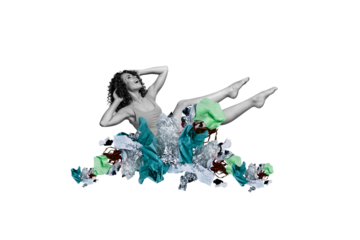 Composite photo collage of happy girl lay pile trash litters environment human pollution problem plastic isolated on painted background