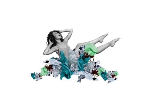 Composite photo collage of happy girl lay pile trash litters environment human pollution problem plastic isolated on painted background