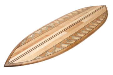 Beautifully crafted wooden surfboard with intricate patterns for surf enthusiasts and collectors alike
