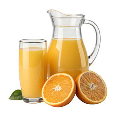 Refreshing orange juice in a glass and pitcher with fresh orange halves and leaves isolated on transparent background