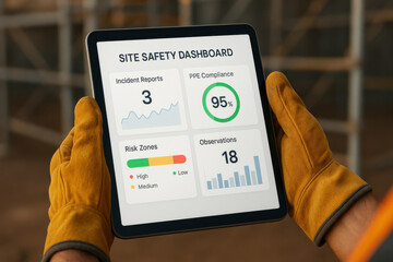 Site safety dashboard with incident reports and compliance data on tablet