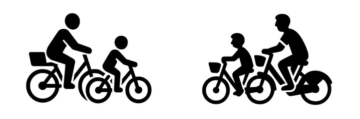 Parent and child riding bicycle icon set for family activity and outdoor recreation isolated on a white background