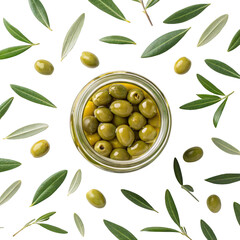 Top view of a jar filled with green olives surrounded by olive leaves isolated on transparent background
