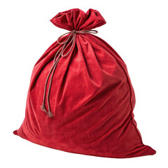 A large plush red velvet christmas sack tied with a rustic rope drawstring isolated on transparent background
