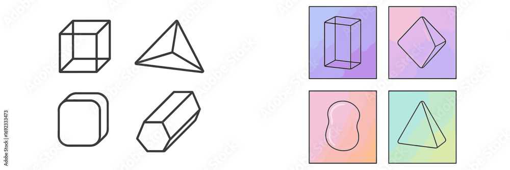 Aufkleber set of 3d geometric shapes line icons with colorful gradient backgrounds for design and educational 