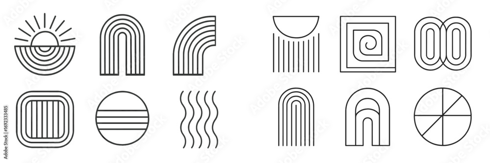 Poster set of minimalist geometric shapes and abstract symbols in a modern line art style for logos and bra