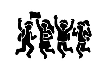 Group of happy school children jumping in celebration. Cheerful students with backpacks and books celebrating success and friendship