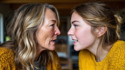 Mom and daughter arguing intensely in cozy living room during early evening hours