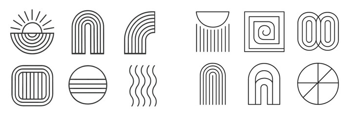 Set of minimalist geometric shapes and abstract symbols in a modern line art style for logos and branding elements