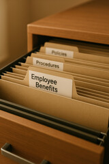 Employee benefits file folder in wooden filing cabinet with policies and procedures