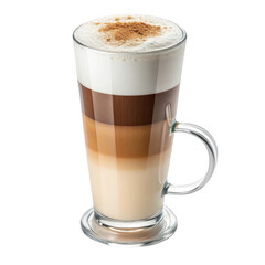 Tall glass filled with layered coffee drink with frothy milk and cinnamon topping isolated on transparent background