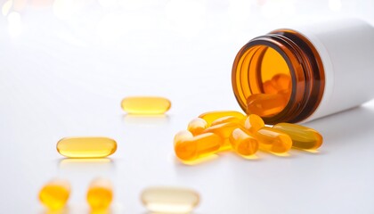 Orange capsules scattered from a bottle