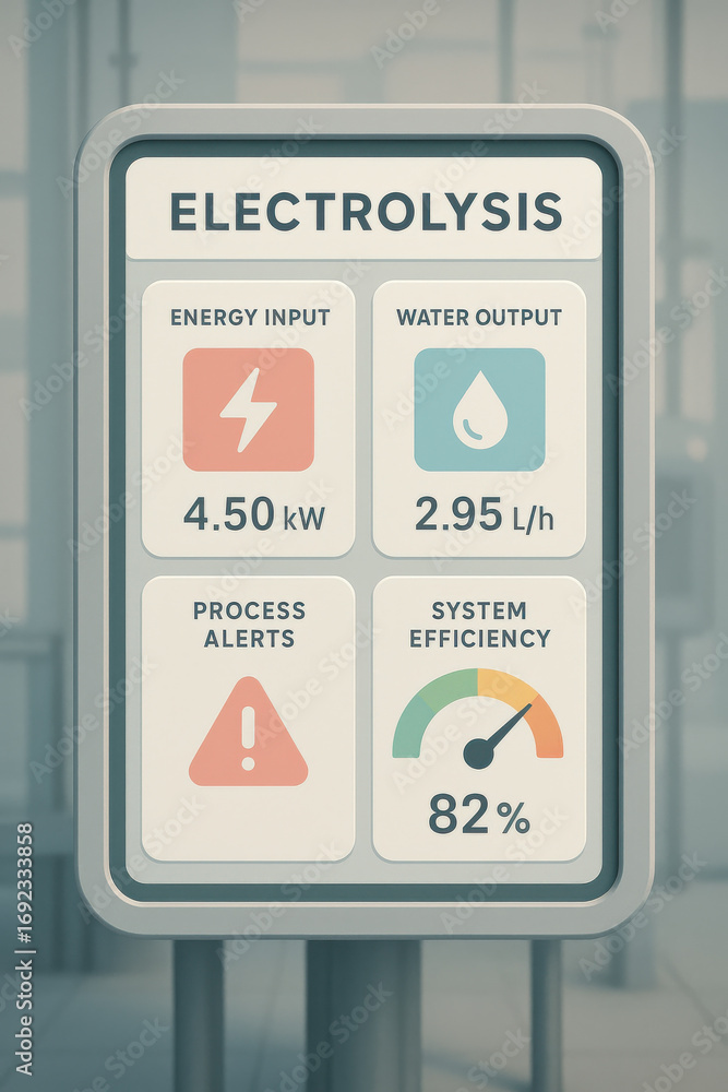 Poster electrolysis system display showing energy input, water output, alerts, and efficiency