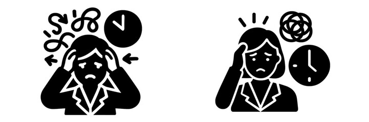 Stressed businesswoman experiencing anxiety from deadlines and time pressure, representing mental health issues and professional burnout