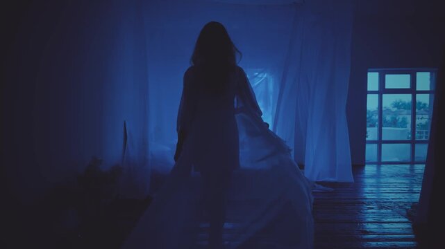 Black silhouette sexy woman in long silk peignoir walks to canopy bed white curtains fly wind blow slow motion, panoramic windows dark room night bedroom blue moon light. Mystery girl back rear view