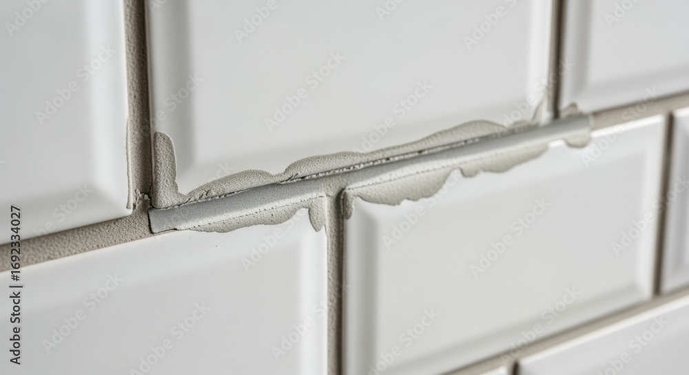 Poster of grout drying capturing subtle changes in texture and color as it cures with tile seams.