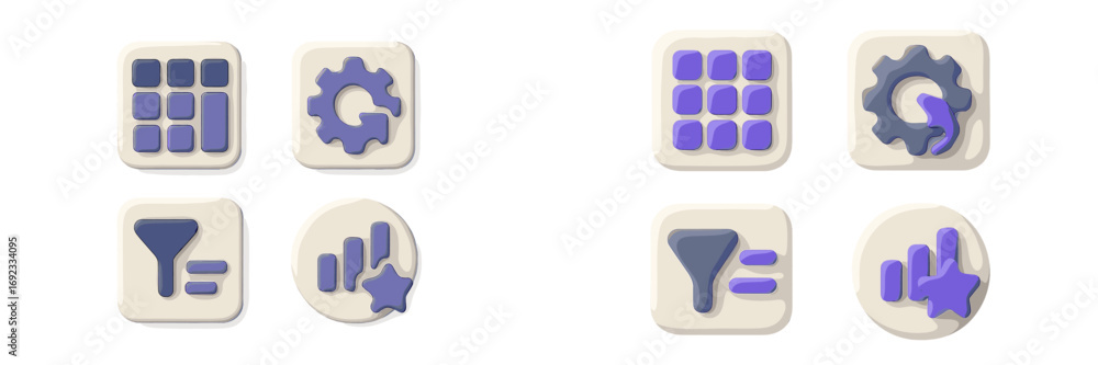 Poster 3d ui icon set with settings gear, filter funnel, analytics graph, and menu grid for web and mobile 